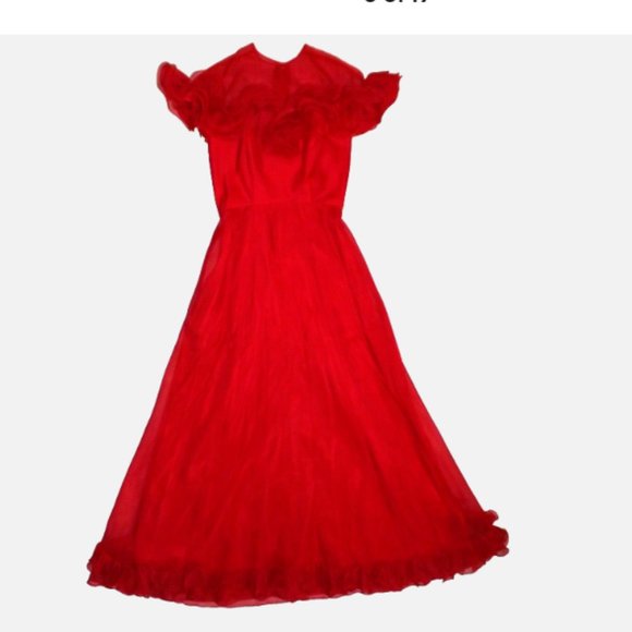 Vintage Red Maxi Dress Southern Bell Sheer Illusion Swiss Sheer Ruffles Size 8 - Picture 5 of 15